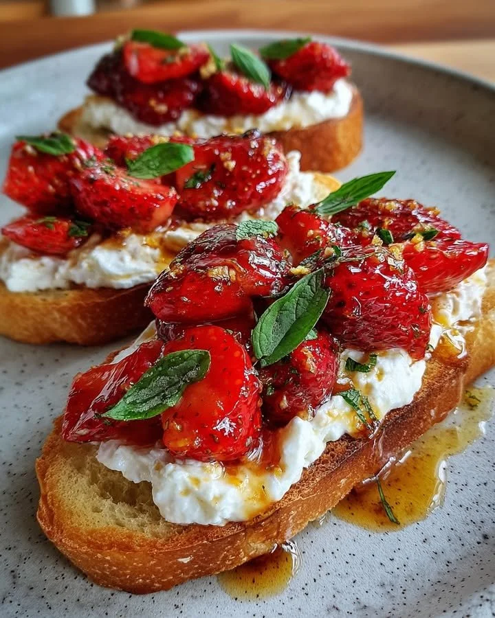 Whipped feta cheese with roasted strawberries in a bowl