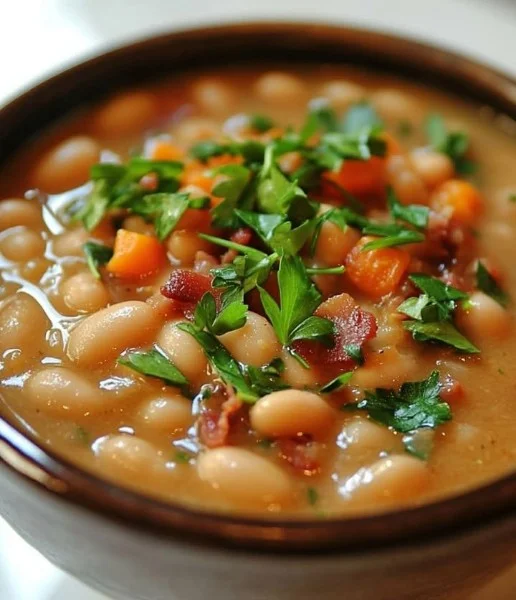 Bowl of hearty White Bean Soup with fresh herbs and vegetables