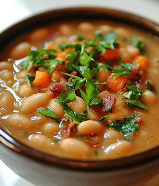 Bowl of creamy white bean soup garnished with herbs and spices
