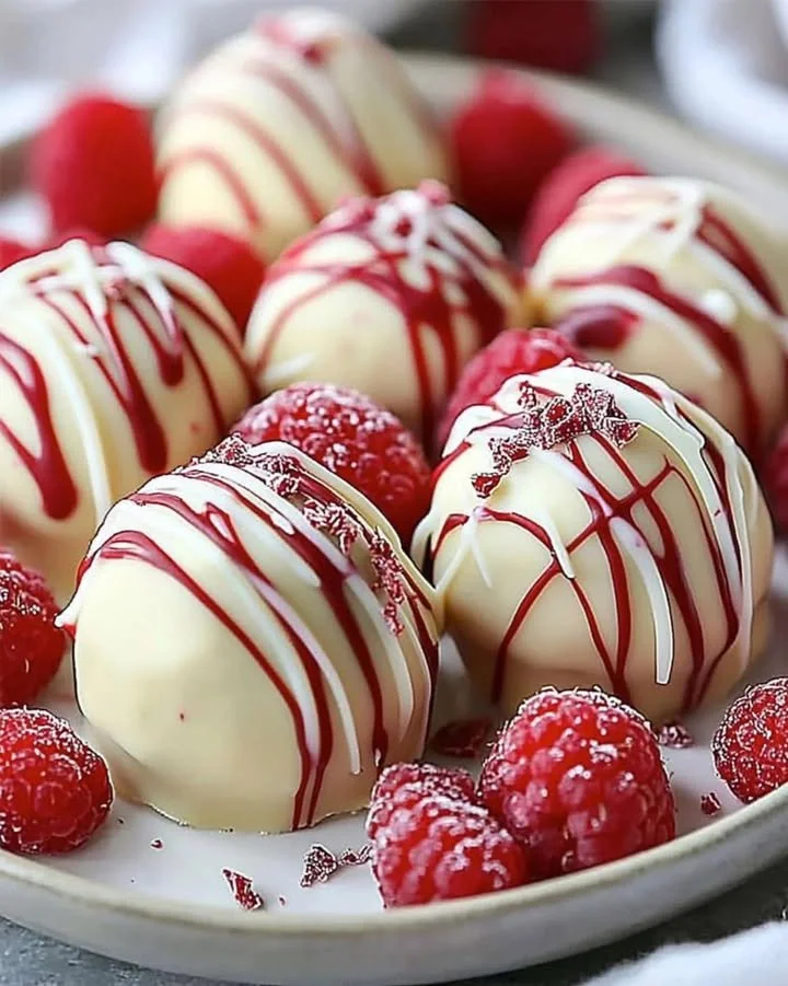 White Chocolate Raspberry Cheesecake Truffles on a decorative plate