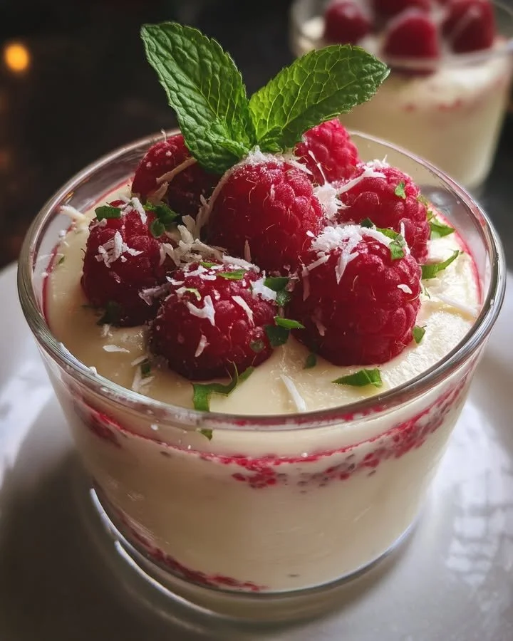 Delicious White Chocolate Raspberry Chia Mousse dessert in a glass