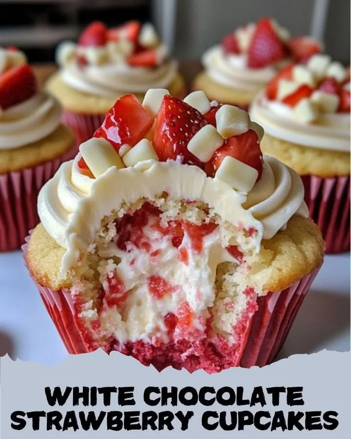 Delicious white chocolate strawberry cupcakes topped with fresh strawberries.