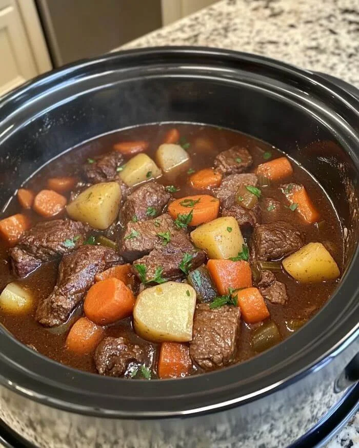 A bowl of Winter Wonderland Stew topped with fresh herbs and vegetables.