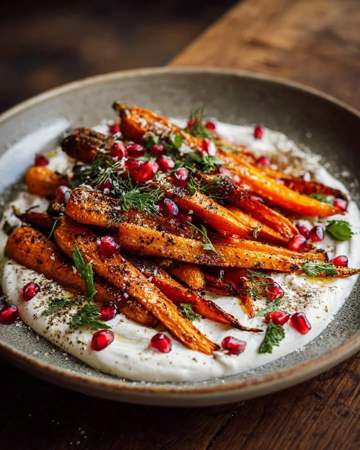 Zaatar roasted carrots served with tahini yogurt and pomegranate seeds
