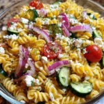 Bowl of zesty Lemon Dill Pasta Salad with fresh herbs and lemon slices