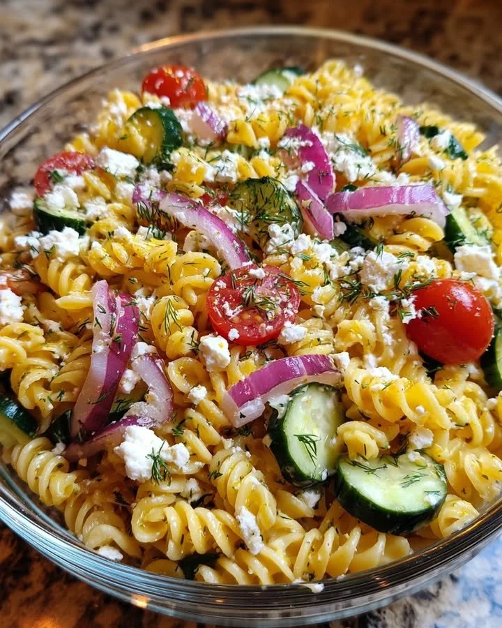 Bowl of zesty Lemon Dill Pasta Salad with fresh herbs and lemon slices
