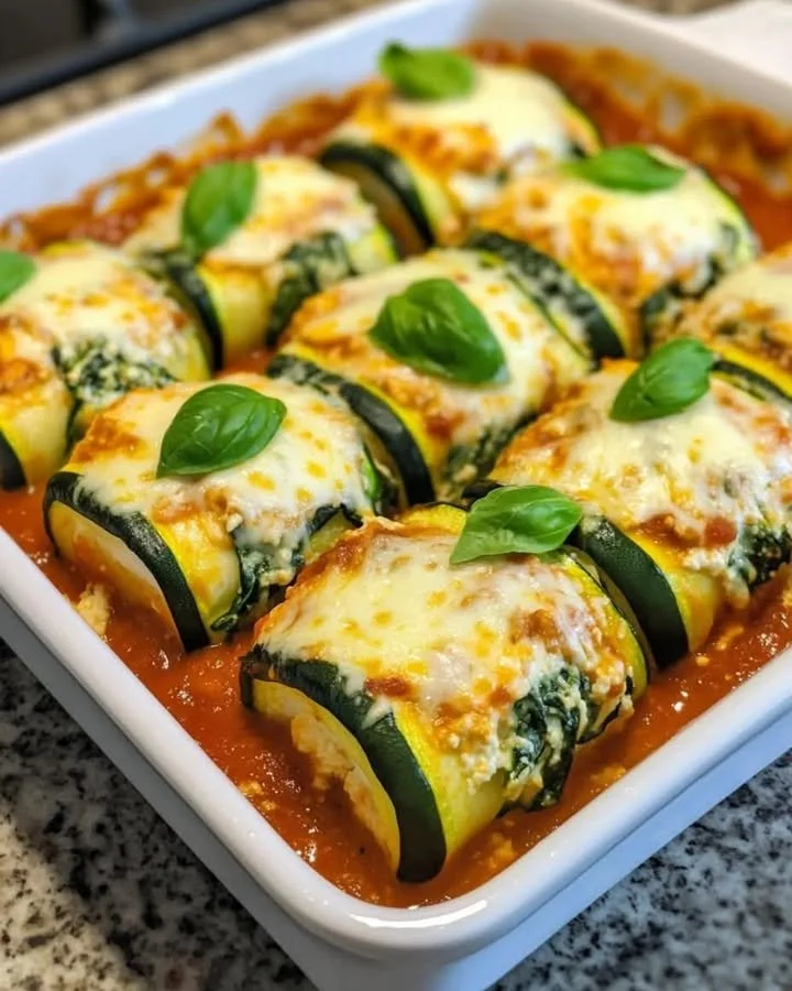 Zucchini roll-ups filled with spinach and ricotta in creamy tomato sauce