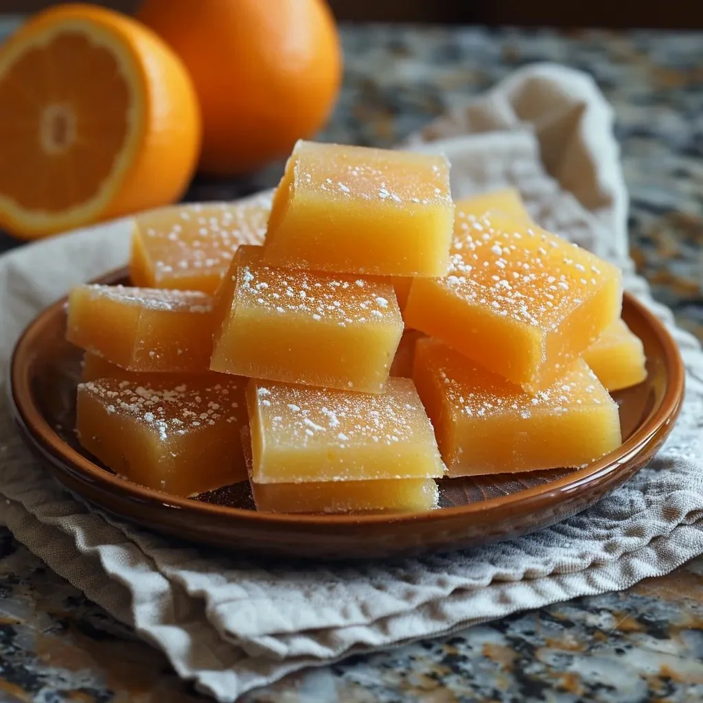 Homemade 3-ingredient orange candy on a white plate.