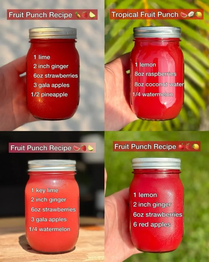 Four refreshing fruit punch recipes featuring various fruits and colorful ingredients.