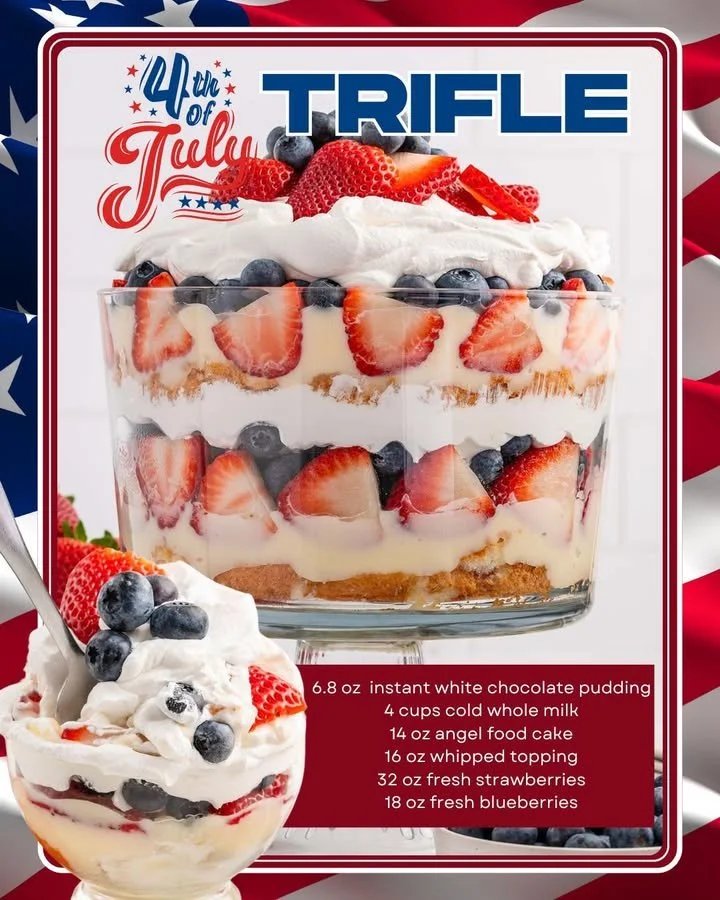 Colorful July trifle with berries and cream, perfect for 4th of July celebrations.