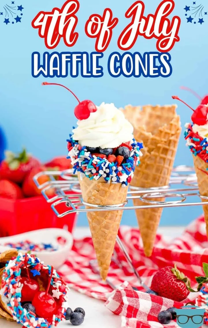 4th of July themed waffle cones filled with ice cream and festive decorations