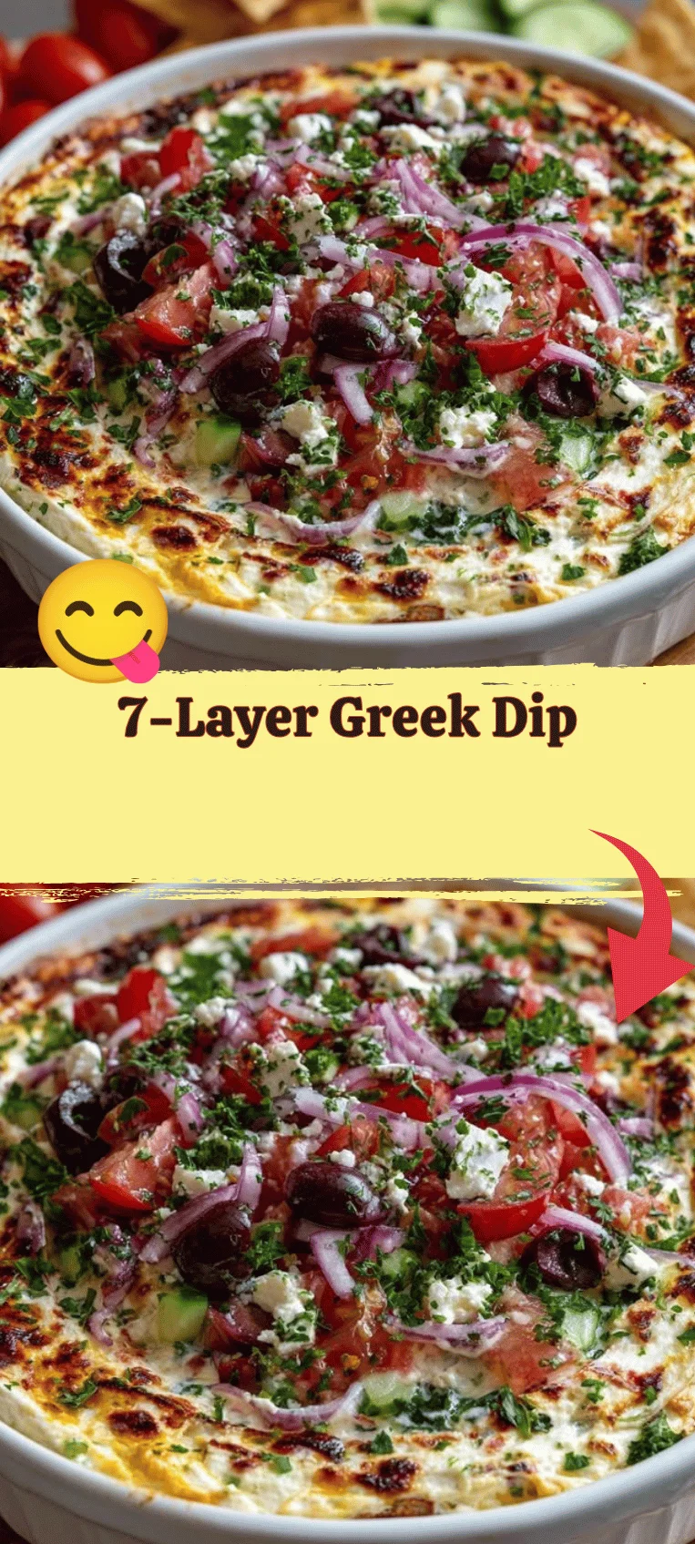 Delicious 7-layer Greek dip served in a colorful dish