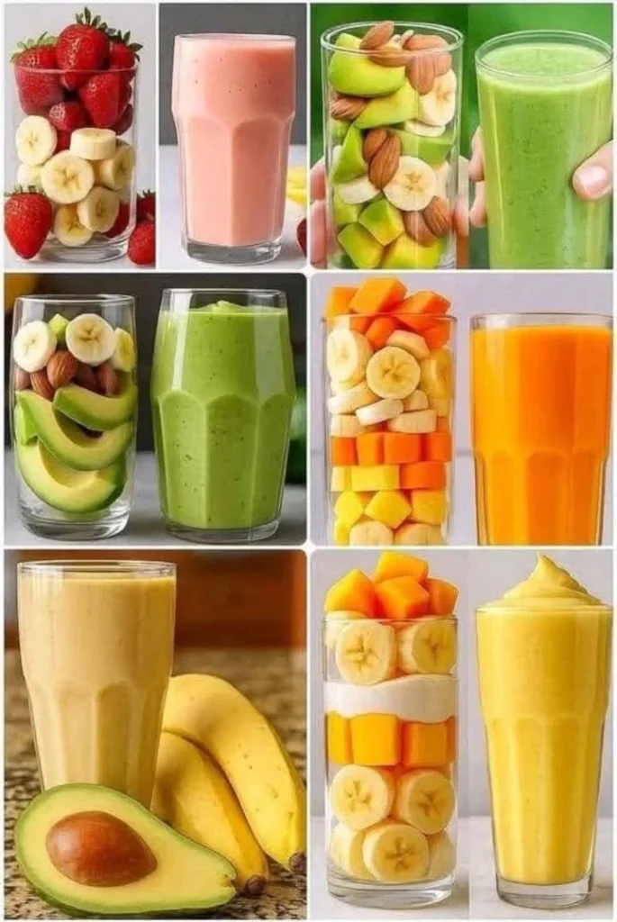 Colorful smoothies in glasses showcasing healthy ingredients for glowing skin.