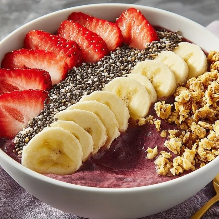 Acai Power Bowl with banana, berries, and granola in a colorful bowl.