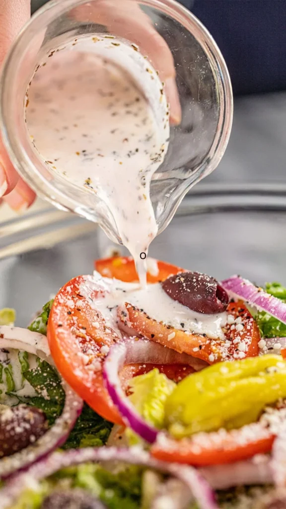 Aderezo de ensalada estilo Olive Garden sobre una ensalada fresca