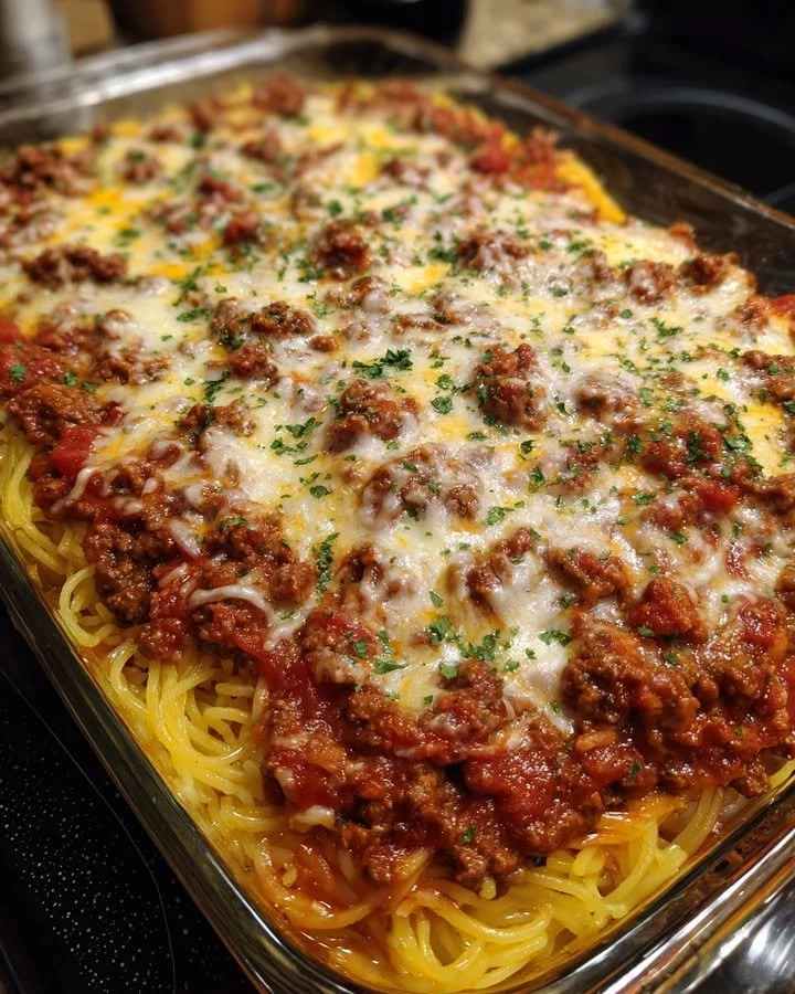 Delicious Angel Beef Casserole served in a dish, topped with herbs and cheese.