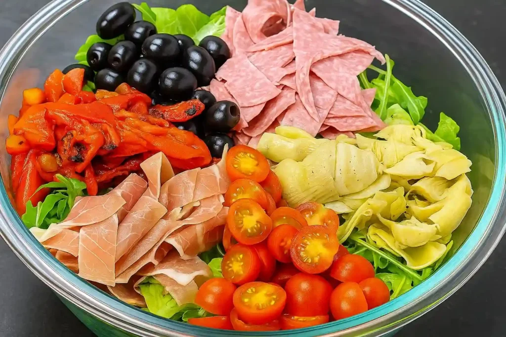 Vibrant antipasto salad with fresh vegetables, meats, and cheeses