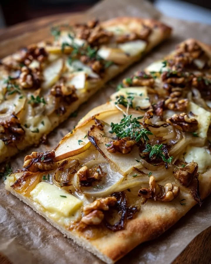 Apple, brie and caramelized onion flatbread on a wooden serving board