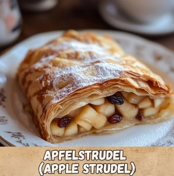Homemade apple strudel with golden flaky pastry and sweet apple filling