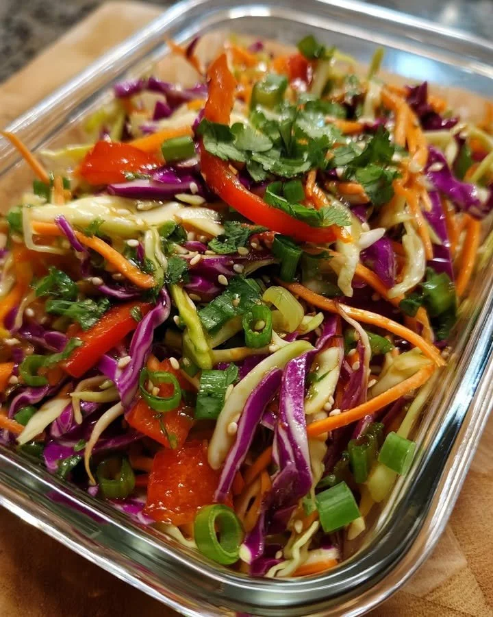 Bowl of Asian Slaw with Ginger Soy Dressing garnished with sesame seeds