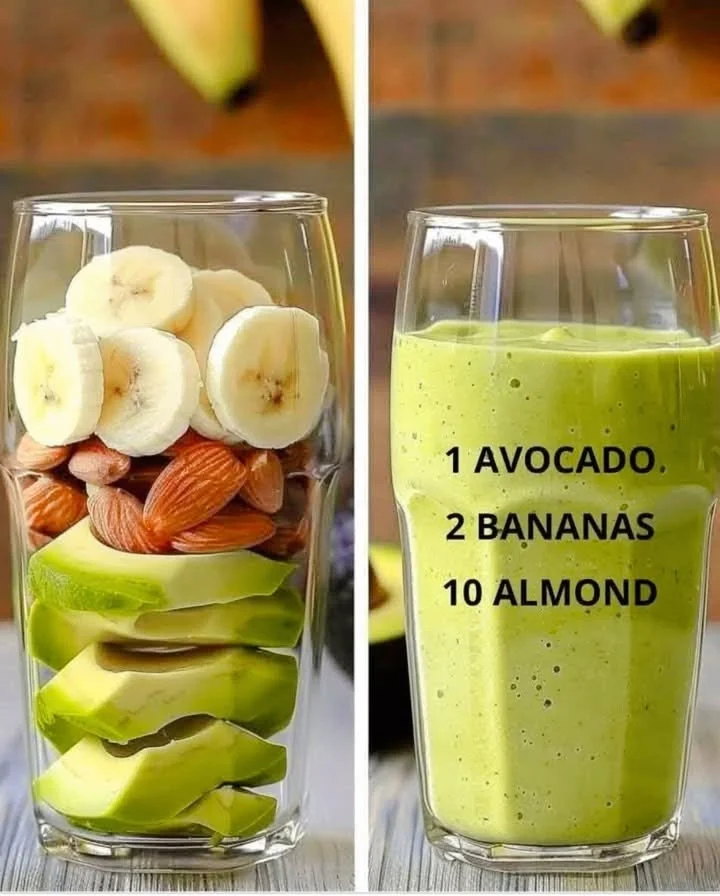 Creamy avocado banana almond smoothie in a glass with fresh ingredients.