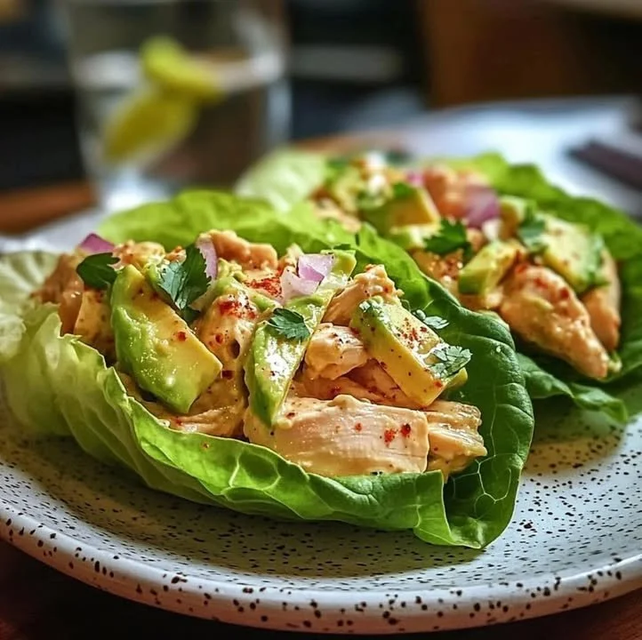 Avocado chicken salad lettuce wraps arranged on a plate