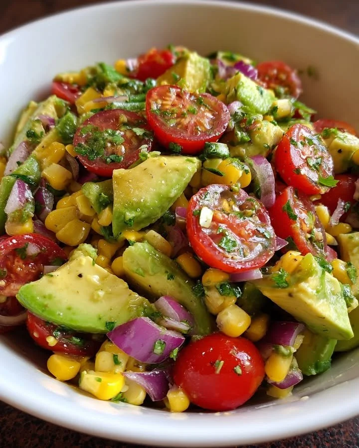 Colorful Avocado Corn Tomato Salad in a bowl garnished with fresh herbs