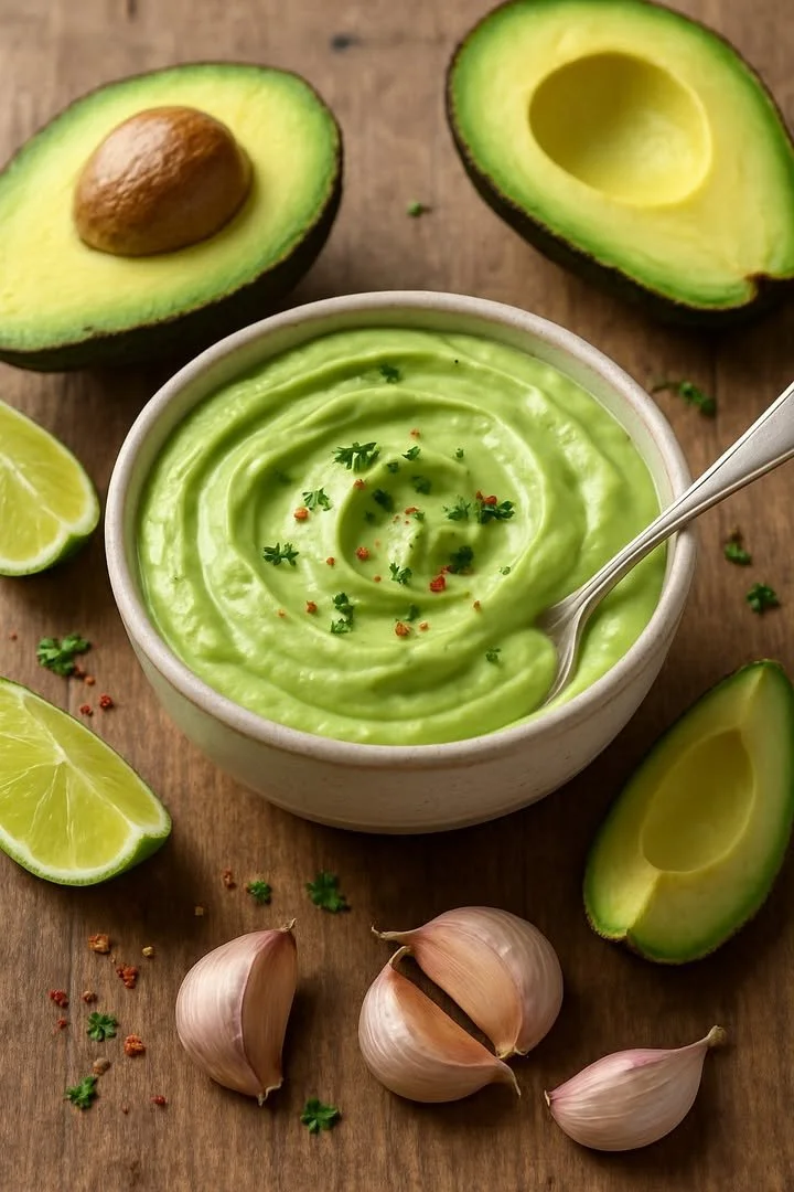 Delicious avocado cream sauce drizzled over fresh salads and tacos