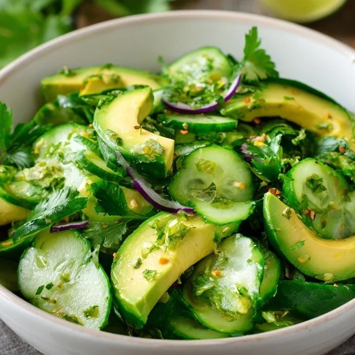 Fresh avocado cucumber salad with lime dressing in a bowl