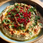 Baba Ghanoush served in a bowl with pita bread and fresh vegetables.