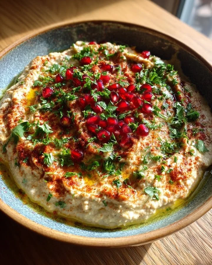Baba Ghanoush served in a bowl with pita bread and fresh vegetables.