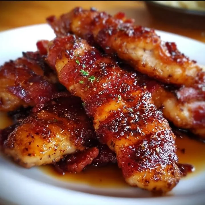 Bacon Brown Sugar Chicken Tenders garnished and ready to serve