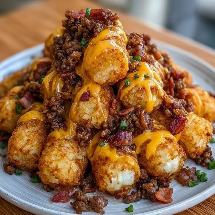 Bacon cheeseburger stuffed tater tot cones filled with delicious ingredients.