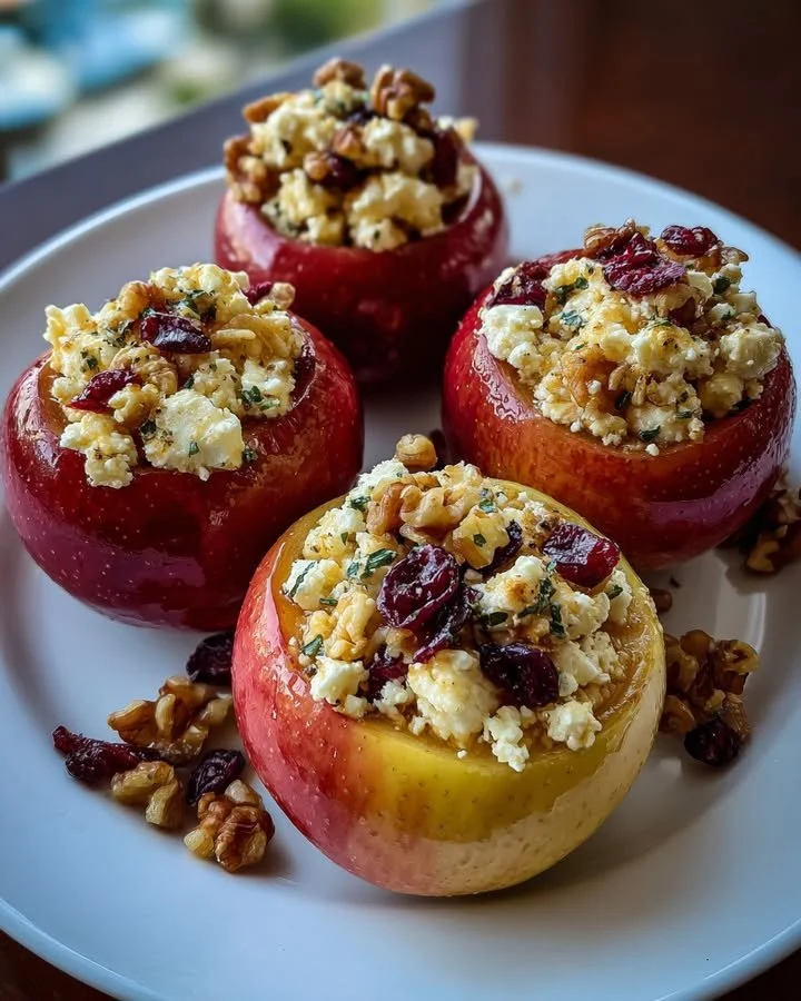 Baked apples topped with feta, honey, and cranberries on a plate