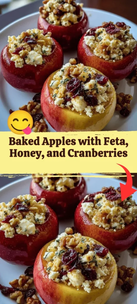 Baked apples with feta, honey, and cranberries on a serving plate.
