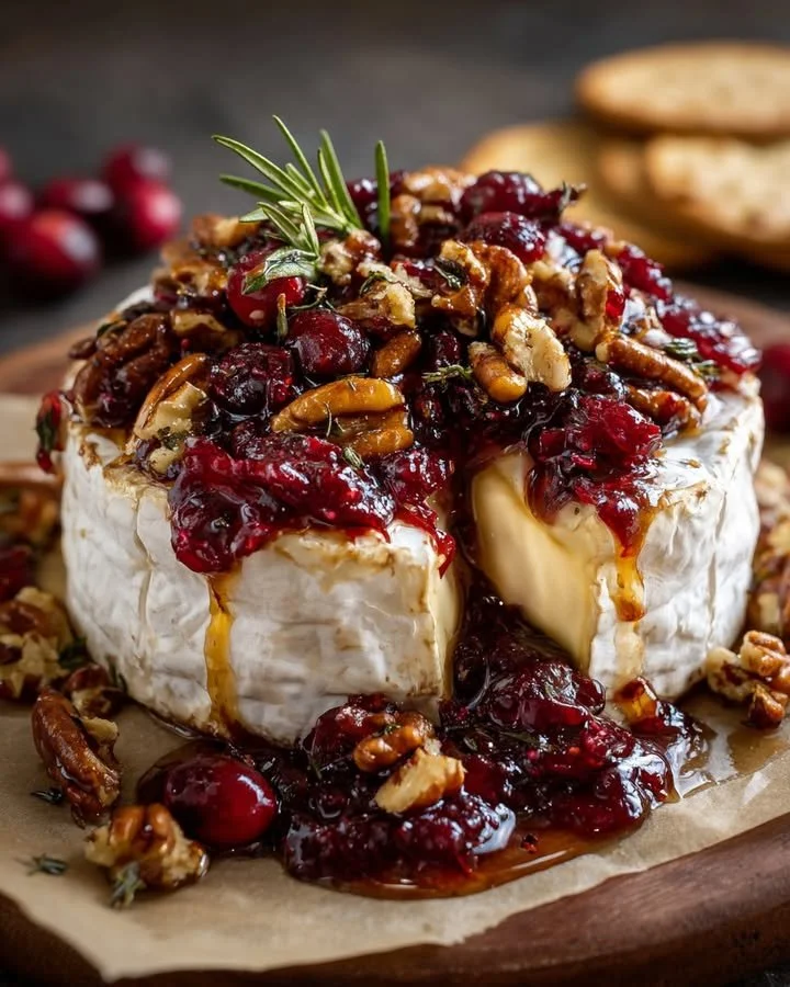 Baked Brie with honey-balsamic cranberry sauce served on a platter