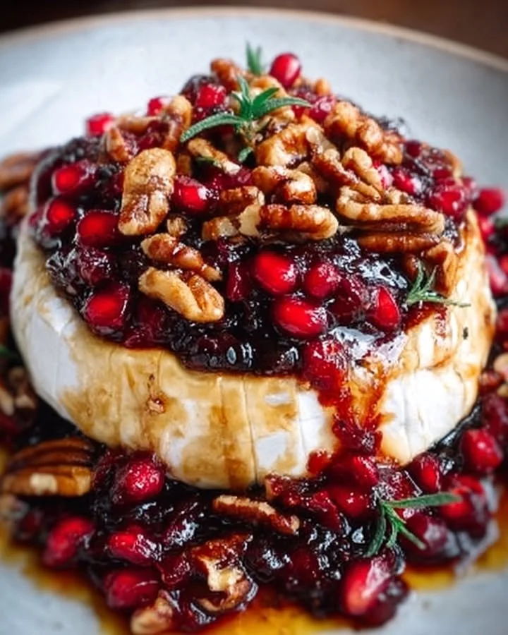 Baked Brie served with honey-balsamic cranberry sauce on a wooden board