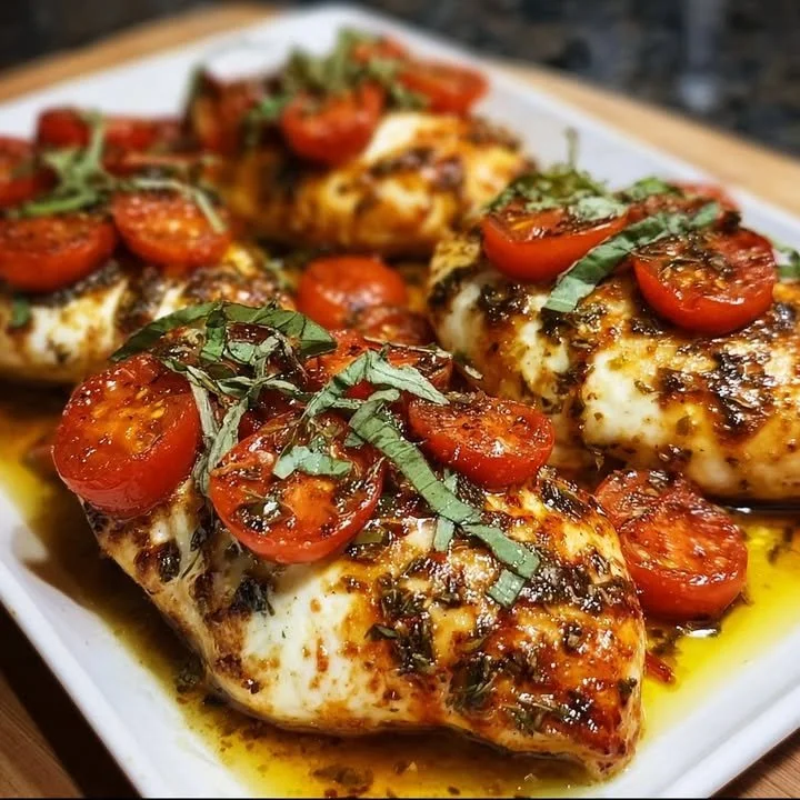 Delicious Baked Caprese Chicken topped with tomatoes, mozzarella, and basil
