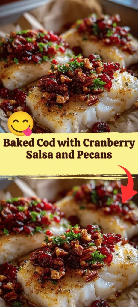 Baked cod fillet topped with cranberry salsa and pecans on a white plate.