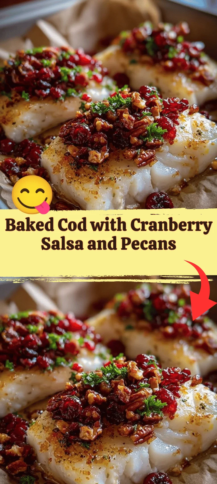 Baked cod fillet topped with cranberry salsa and pecans on a white plate.