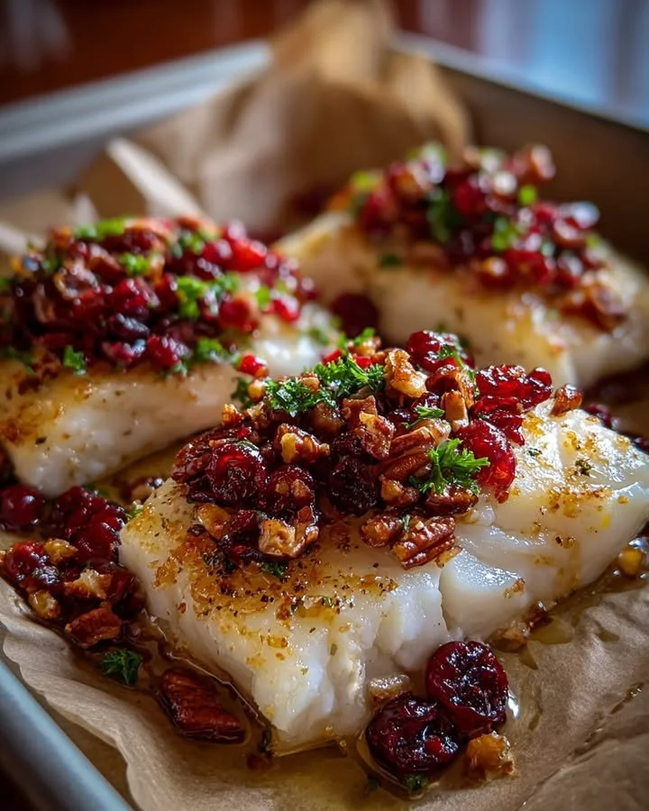 Baked Cod with Cranberry Salsa and Pecans on a plate