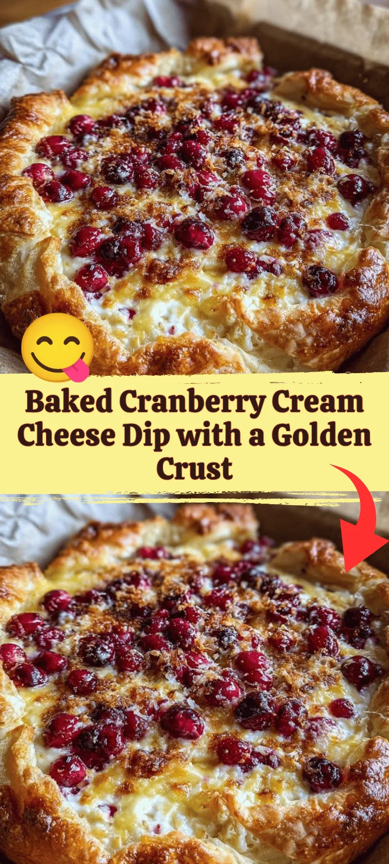 Delicious Baked Cranberry Cream Cheese Dip with a golden crust served in a bowl.