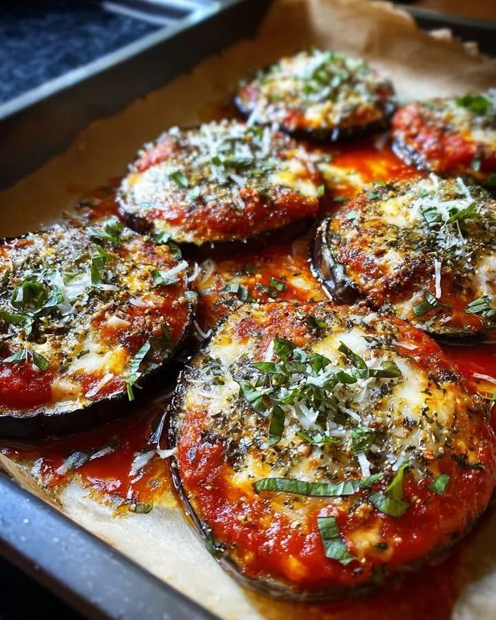 Delicious baked eggplant topped with savory tomato sauce and herbs