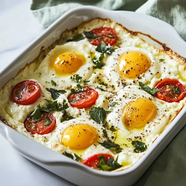 Dish of baked feta eggs served with fresh herbs and tomatoes