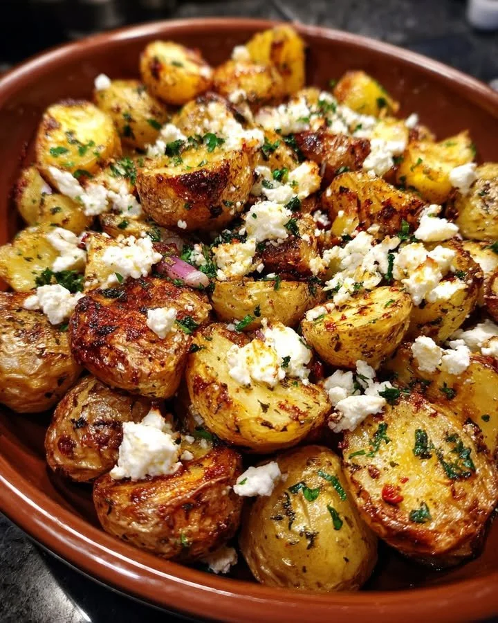 Baked feta potatoes topped with herbs and spices on a plate.