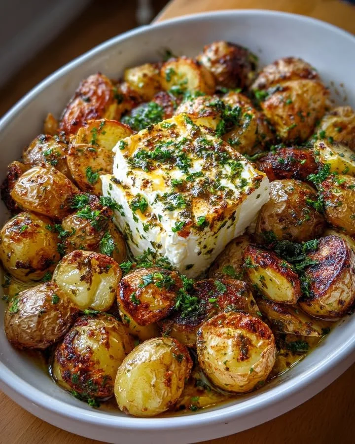 Delicious baked feta potatoes topped with herbs and spices