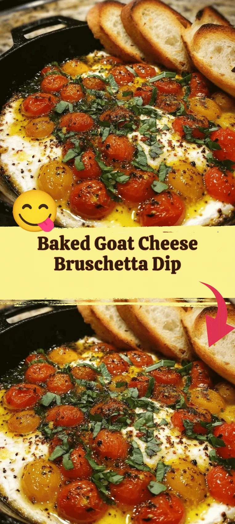 Baked goat cheese bruschetta dip served with crispy bread slices