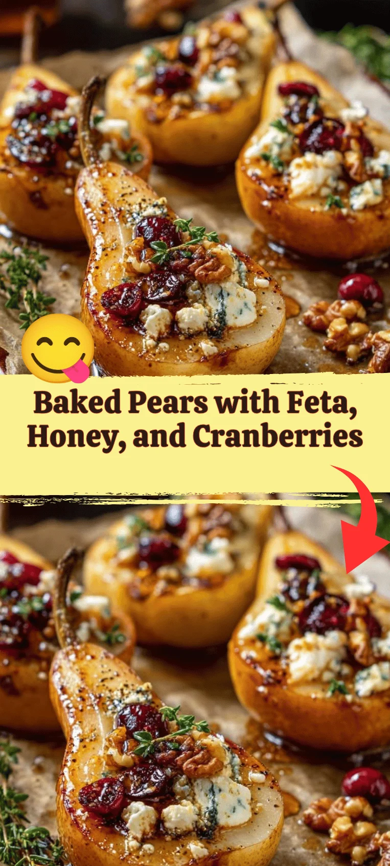 Baked pears topped with feta cheese, honey, and cranberries served on a plate.