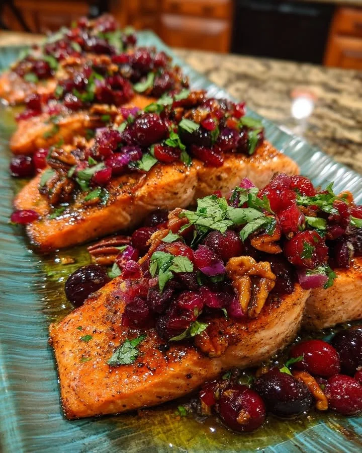 Baked salmon with cranberry salsa and pecans on a white plate