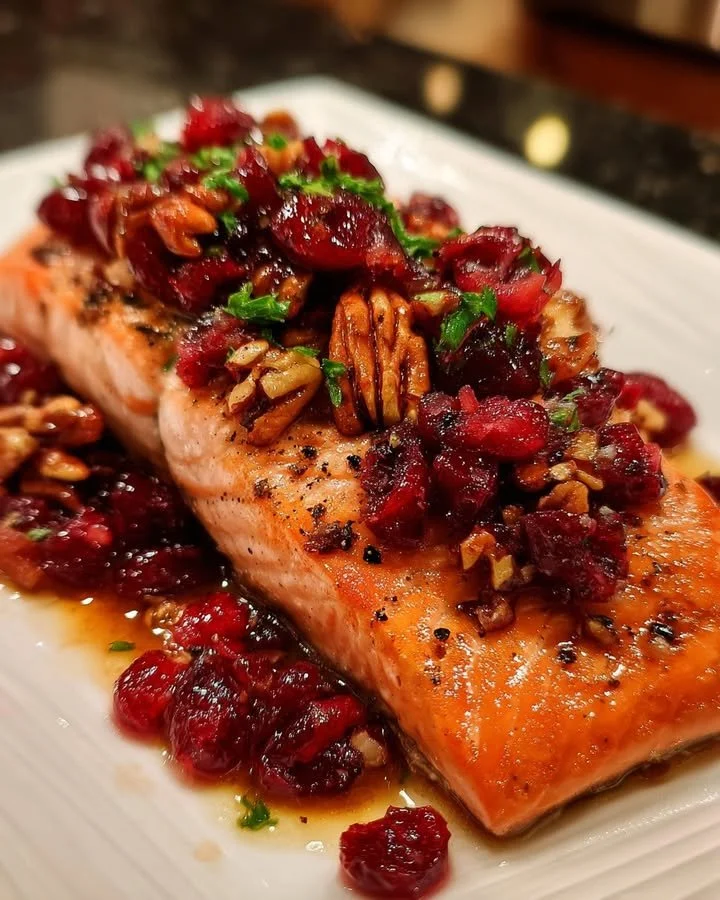 Baked salmon with cranberry salsa and pecans on a plate